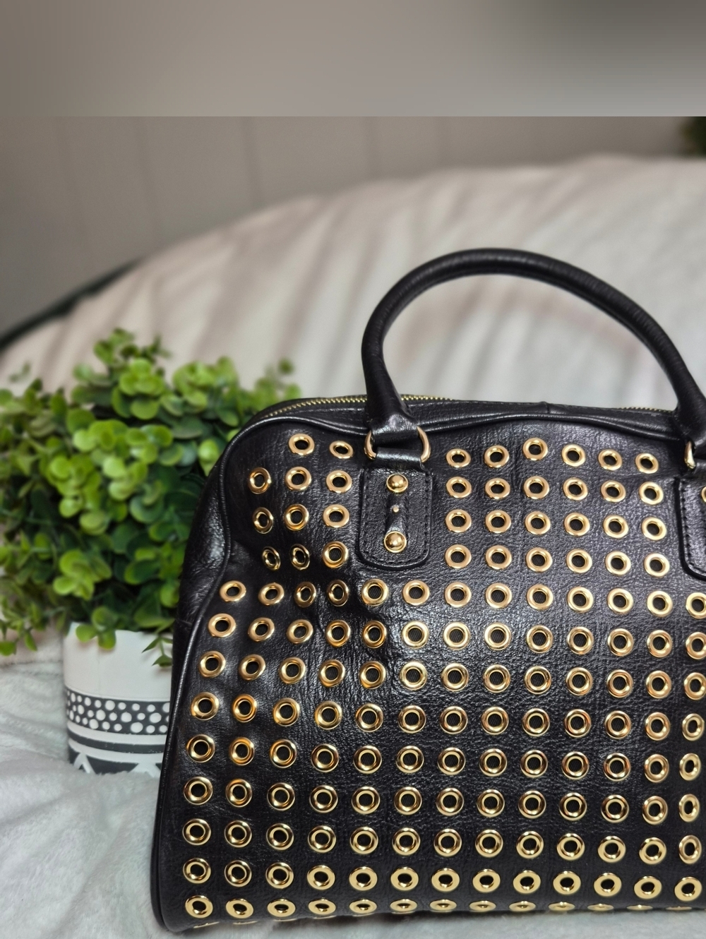 Michael Kors Sandrine Large Grommet Leather Satchel - Black & Gold
